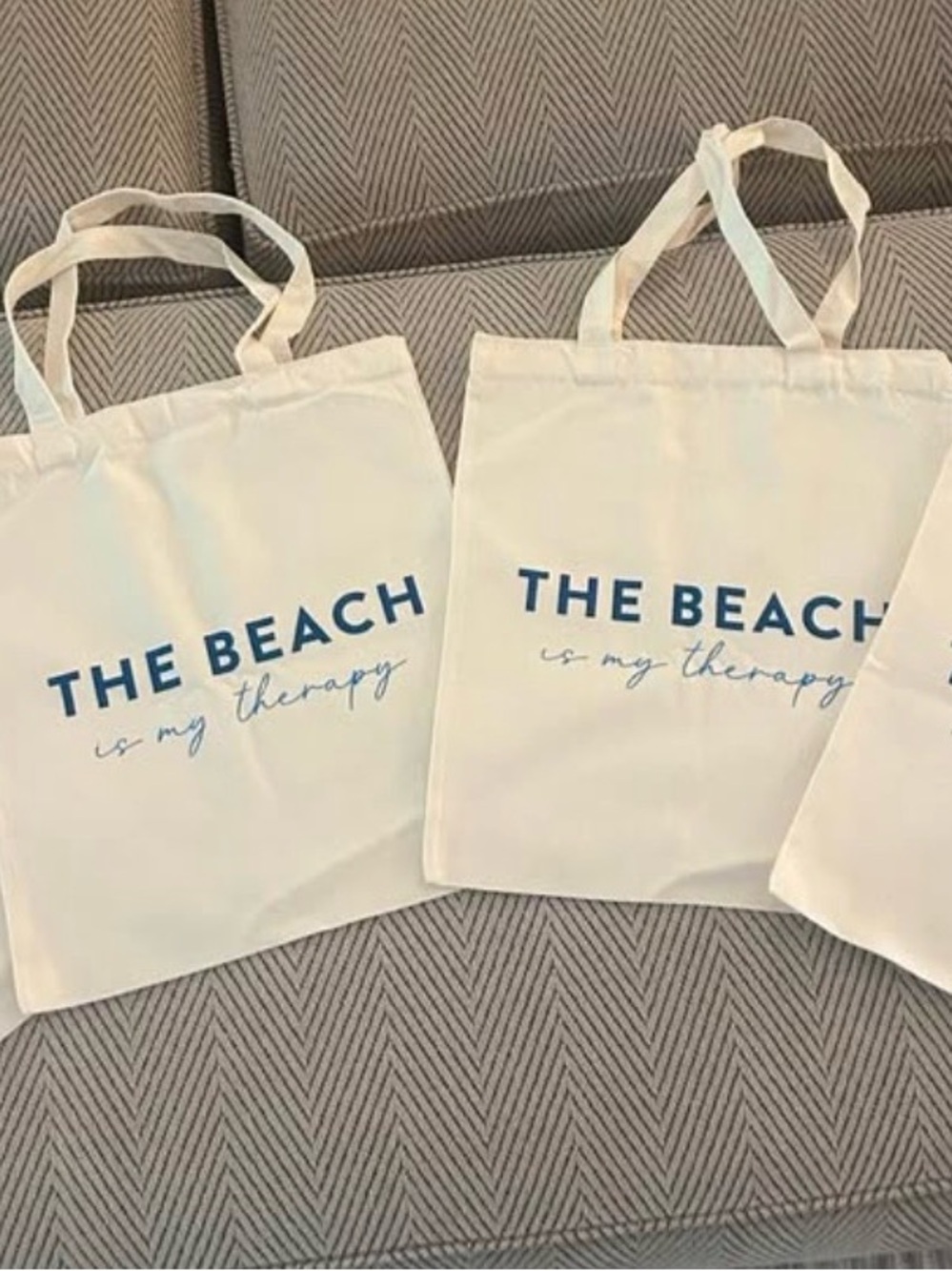 Set of 4 BundleCanvas Tote Bag - The Beach Is My Therapy - Cream with Blue Print